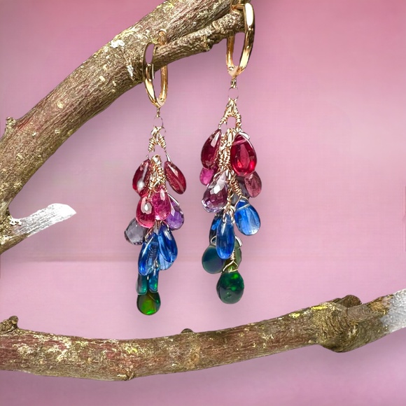 Natural Rainbow Gemstone: Opal Tourmaline Ruby Earrings in Solid 18K Rose Gold - Picture 14 of 15